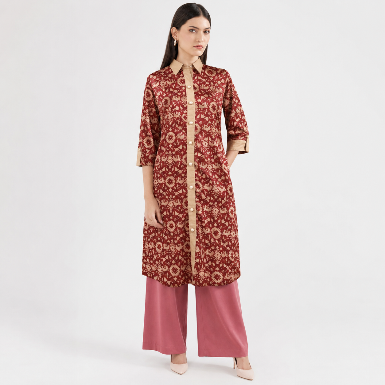 Maroon Printed Long Shirt with Contrast Placket